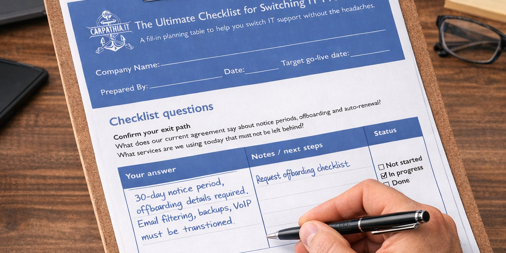 A hand holding a pen fills out a printed IT checklist form titled The Ultimate Checklist for Switching IT Providers, detailing an IT transition plan with sections for company details, checklist questions, notes, and status updates.