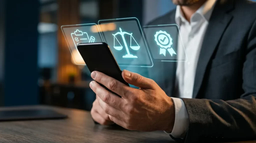A man in a suit holding a smartphone with digital icons floating above it, such as a clipboard, scales of justice, and ribbon badge, representing IT Compliance and professional legal services for BC law firms.