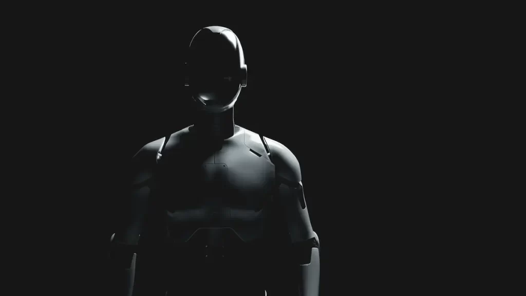 A humanoid robot stands in partial darkness with dramatic lighting highlighting its metallic features against a black background, embodying the enigmatic presence of Shadow AI.
