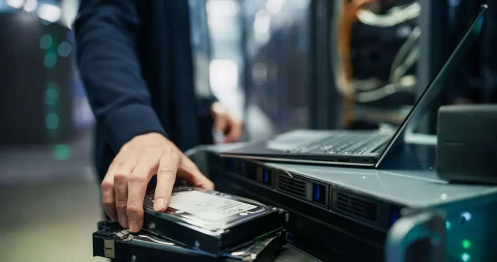 A person installs a hard drive into a server rack, with a laptop open nearby, in a data center environment to help manage backups and ensure data security.